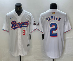 Nike Texas Rangers #2 Marcus Semien White Champions Gold name Red 2 front Authentic Stitched MLB Jersey
