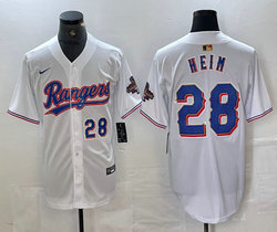 Nike Texas Rangers #28 Jonah Heim White Champions Gold name Blue 28 front Authentic Stitched MLB Jersey
