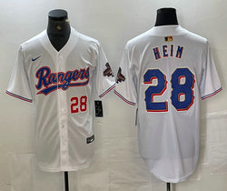 Nike Texas Rangers #28 Jonah Heim White Champions Gold name Red 28 front Authentic Stitched MLB Jersey