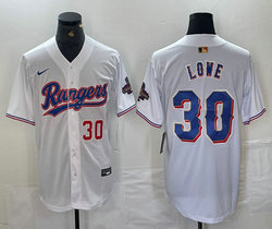 Nike Texas Rangers #30 Nathaniel Lowe White Champions Gold name Red 30 front Authentic Stitched MLB Jersey