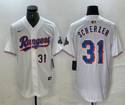 Nike Texas Rangers #31 Max Scherzer White Champions Gold name Blue 31 front Authentic Stitched MLB Jersey