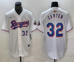 Nike Texas Rangers #32 Evan Carter White Champions Gold name Blue 32 front Authentic Stitched MLB Jersey