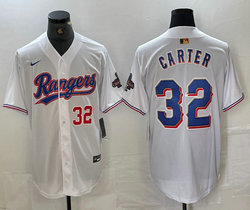 Nike Texas Rangers #32 Evan Carter White Champions Gold name Red 32 front Authentic Stitched MLB Jersey