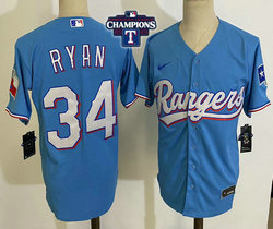 Nike Texas Rangers #34 Nolan Ryan Light Blue 2023 World Series Champions Patch Game Authentic Stitched MLB jersey