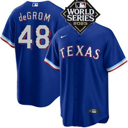 Nike Texas Rangers #48 Jacob deGrom Royal 2023 World Series Game Stitched Baseball Jersey