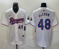 Nike Texas Rangers #48 Jacob deGrom White Champions Gold name Blue 48 front Authentic Stitched MLB Jersey