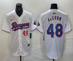 Nike Texas Rangers #48 Jacob deGrom White Champions Gold name Red 48 front Authentic Stitched MLB Jersey
