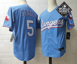 Nike Texas Rangers #5 Corey Seager Light blue 2023 World Series Game Stitched Baseball Jersey
