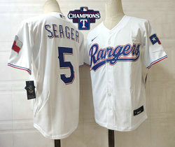 Nike Texas Rangers #5 Corey Seager White 2023 World Series Champions Patch Game Authentic Stitched MLB Jersey