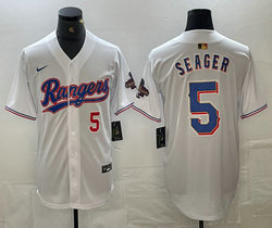 Nike Texas Rangers #5 Corey Seager White Champions Gold name Red 5 on front Game Authentic Stitched MLB Jersey