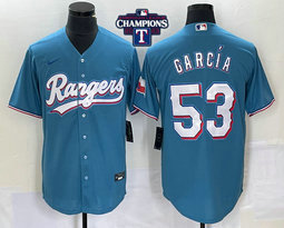 Nike Texas Rangers #53 Adolis Garcia Light Blue 2023 World Series Champions Patch Game Authentic Stitched MLB Jersey