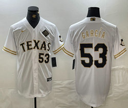 Nike Texas Rangers #53 Adolis Garcia White 3(III) Champions Gold name 53 front Authentic Stitched MLB Jersey