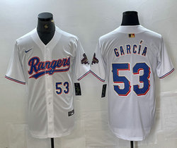 Nike Texas Rangers #53 Adolis Garcia White Champions Gold name Blue 53 front Authentic Stitched MLB Jersey
