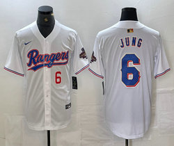Nike Texas Rangers #6 Josh Jung White Champions Gold name Red 6 front Authentic Stitched MLB Jersey