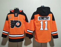 Philadelphia Flyers #11 Travis Konecny Orange All Stitched Hooded Sweatshirt