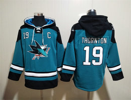 San Jose Sharks #19 Joe Thornton Blue All Stitched Hooded Sweatshirt