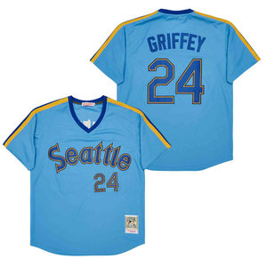 Seattle Mariners #24 Ken Griffey Blue Pullover Throwback With Number on front Authentic Stitched MLB Jersey