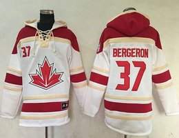 Team Canada #37 Patrice Bergeron White Sawyer Hooded Sweatshirt 2016 World Cup Stitched NHL Jersey