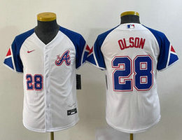 Women's Nike Atlanta Braves #28 Matt Olson white #28 on front 2023 City Authentic Stitched MLB Jersey
