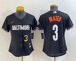 Women's Nike Baltimore Orioles #3 Jorge Mateo Black 2023 City Gold 3 on front Authentic Stitched MLB Jersey