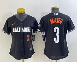 Women's Nike Baltimore Orioles #3 Jorge Mateo Black 2023 City Red 3 on front Authentic Stitched MLB Jersey