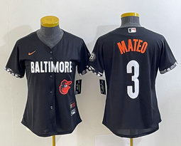 Women's Nike Baltimore Orioles #3 Jorge Mateo Black 2023 City Team Logo on front Authentic Stitched MLB Jersey