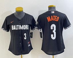 Women's Nike Baltimore Orioles #3 Jorge Mateo Black 2023 City White 3 on front Authentic Stitched MLB Jersey