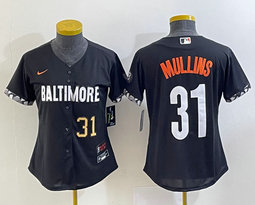 Women's Nike Baltimore Orioles #31 Cedric Mullins Black 2023 City Gold 31 on front Authentic Stitched MLB Jersey