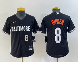 Women's Nike Baltimore Orioles #8 Cal Ripken Black 2023 City Gold 8 on front Stitched MLB Jersey