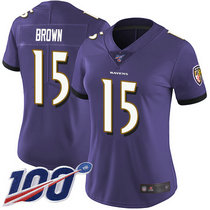 Women's Nike Baltimore Ravens #15 Marquise Brown 100th Season Purple Vapor Untouchable Authentic Stitched NFL Jersey