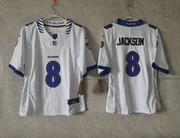 Women's Nike Baltimore Ravens #8 Lamar Jackson White 2026 Authentic Stitched NFL Jersey