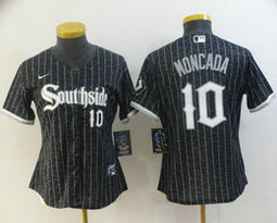 Women's Nike Chicago White Sox #10 Yoan Moncada Black 2021 City Number in front Authentic Stitched MLB Jersey