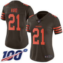 Women's Nike Cleveland Browns #21 Denzel Ward With NFL 100th Season Patch Brown Rush Authentic stitched NFL jersey