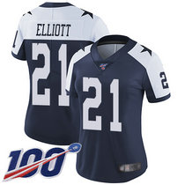 Women's Nike Dallas Cowboys #21 Ezekiel Elliott 100th Season Blue Thanksgiving Vapor Untouchable Authentic Stitched NFL Jersey