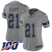 Women's Nike Dallas Cowboys #21 Ezekiel Elliott 100th Season Grey Inverted Legend Vapor Untouchable Authentic Stitched NFL jersey