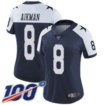 Women's Nike Dallas Cowboys #8 Troy Aikman 100th Season Blue Thanksgiving Vapor Untouchable Authentic Stitched NFL Jersey