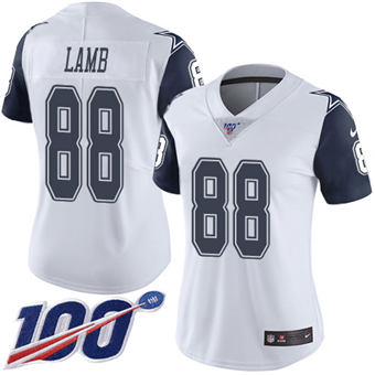 Women's Nike Dallas Cowboys #88 CeeDee Lamb 100th Season White Rush Authentic Stitched NFL Jersey