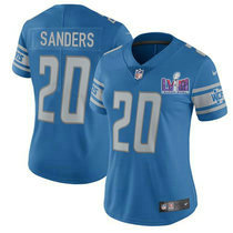 Women's Nike Detroit Lions #20 Barry Sanders Light Blue With 2024 Super Bowl (LVIII ) patch Jersey