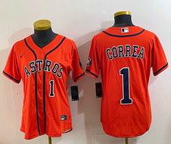 Women's Nike Houston Astros #1 Carlos Correa Orange #1 front Sleeve with Logo MLB Jersey