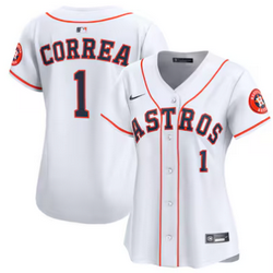 Women's Nike Houston Astros #1 Carlos Correa White #1 front Sleeve with Logo MLB Jersey