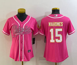 Women's Nike Kansas City Chiefs #15 Patrick Mahomes Pink Joint White number Authentic Stitched baseball jersey