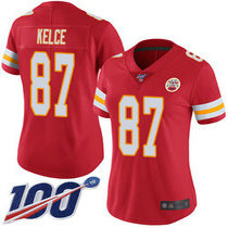 Women's Nike Kansas City Chiefs #87 Travis Kelce With 100th Season Patch Red Vapor Untouchable Authentic stitched NFL jersey