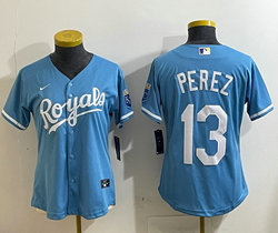Women's Nike Kansas City Royals #13 Salvador Perez Light Blue Authentic stitched MLB jersey