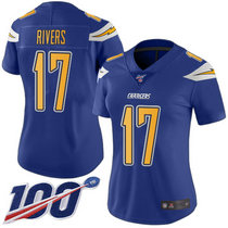Women's Nike Los Angeles Chargers #17 Philip Rivers With NFL 100th Season Patch Electric blue Rush Authentic stitched NFL jersey
