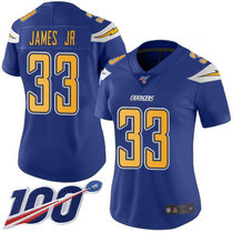 Women's Nike Los Angeles Chargers #33 Derwin James With NFL 100th Season Patch Electric Blue Rush Authentic Stitched NFL Jersey