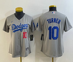 Women's Nike Los Angeles Dodgers #10 Justin Turner Grey 10 on front Authentic Stitched MLB Jersey