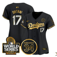 Women's Nike Los Angeles Dodgers #17 Shohei Ohtani Black Gold with 34 patch 2024 World Series Jersey