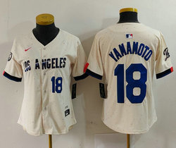 Women's Nike Los Angeles Dodgers #18 Yoshinobu Yamamoto Cream #18 Front 2024 City MLB Jersey
