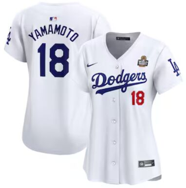 Women's Nike Los Angeles Dodgers #18 Yoshinobu Yamamoto White 18 front 2024 World Series Baseball Jersey