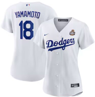 Women's Nike Los Angeles Dodgers #18 Yoshinobu Yamamoto White 2024 World Series Baseball Jersey